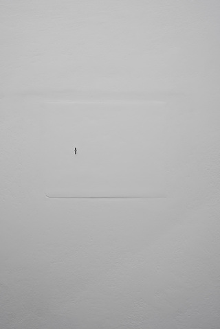Coordinates that Locate a point on a line, exhibition detail  2022

Remaining Past  2016 </br>
Reconstructed section of wall from Isabella Bortolotzzi Gallery carved
permanently into stone wall of studio at the Malzfabrik Berlin  60 x 60 cm
