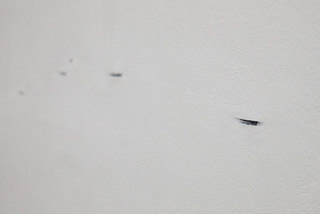 the vastness of what we cannot see, 2019</br> 
Found black plastic shoe soles embedded into plasterboard, </br>
    90 x 130 cm </br>(WORK IN PROGRESS)