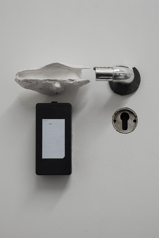 Adapt  2018</br>
power transformer with removed text from a broken printer, plaster reconstruction of a tree growth with the recess cast from a found door handle, discarded section of shower rail, black plastic found object, found metal lock  30 x 30 cm