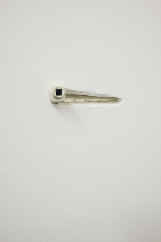 Coordinates that Locate a point on a line, exhibition detail  2022

beyond reach  2020
<br>found metal door handle, plasterboard, acrylic paint <br>15 x 3 x 3